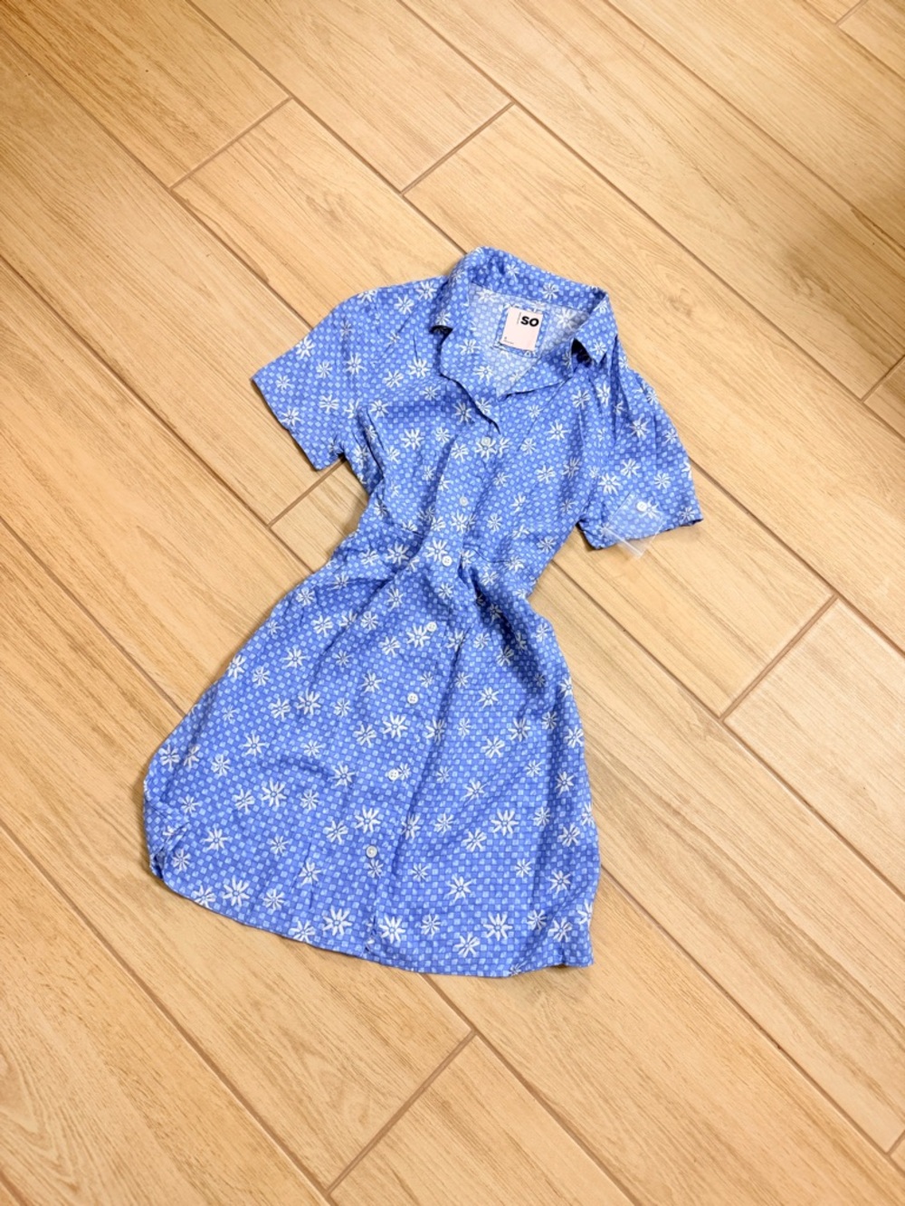 SO Blue Floral Checkered Skater Dress XS Button Front Tie Waist A-Line Mini